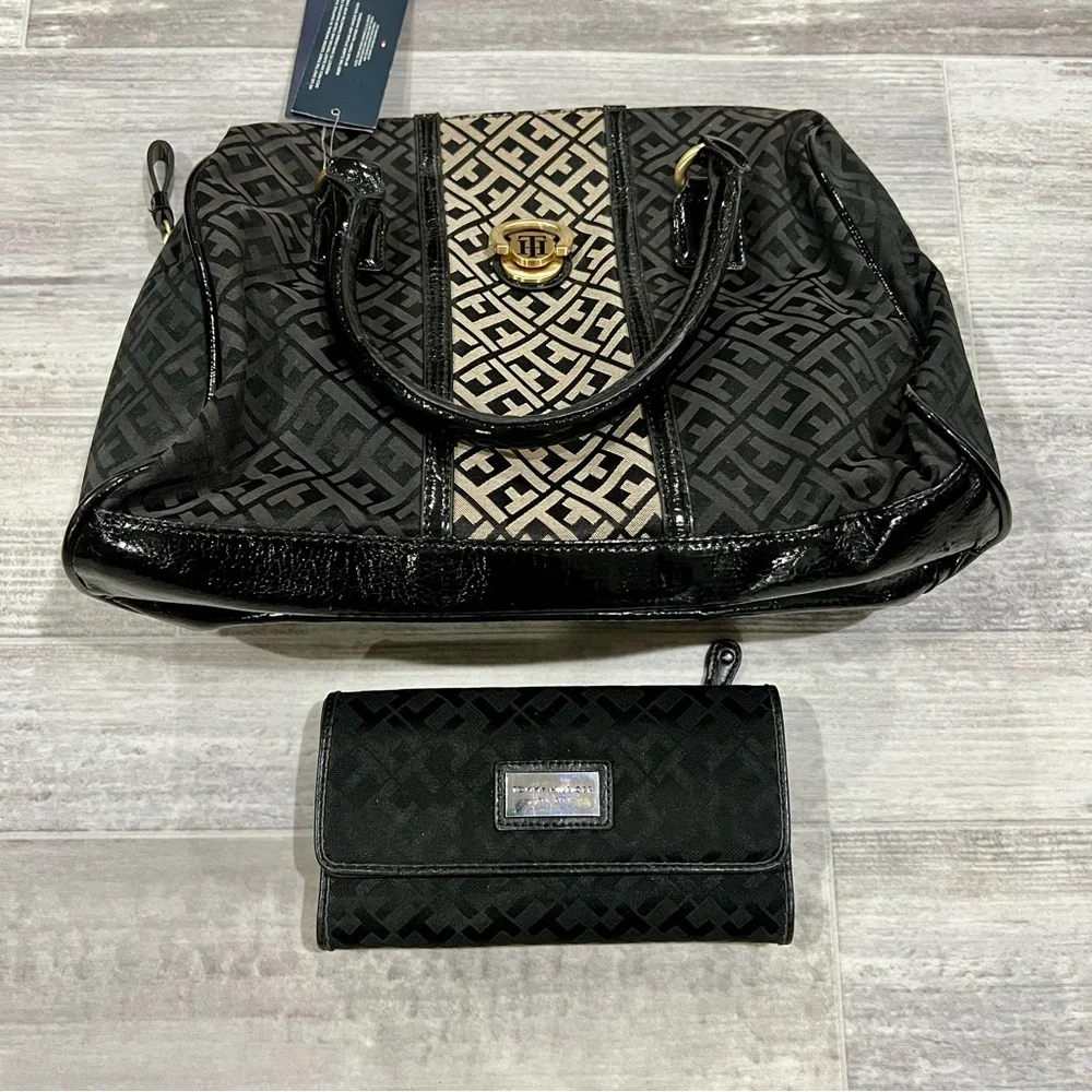 NWT Tommy Hilfiger Purse Satchel Black/Brown Logo Bag With Used Wallet‎ Included